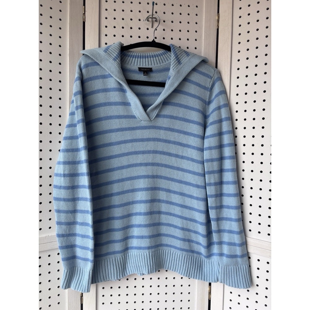 Talbots Women's M Blue Striped‎ Collared V Neck 100% Cotton Sweater
